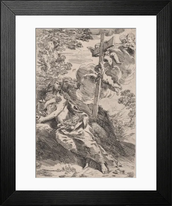 Framed Print : Mary Magdalene in the desert, a cross borne by angels at the right, ca. 1630 Framed Print : Mary Magdalene in the desert, a cross borne by angels at the right, ca. 1630