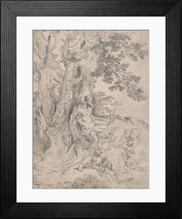 Framed Print : Saint Jerome before a crucifix accompanied by a lion and three putti, ca. 1631-37 Framed Print : Saint Jerome before a crucifix accompanied by a lion and three putti, ca. 1631-37
