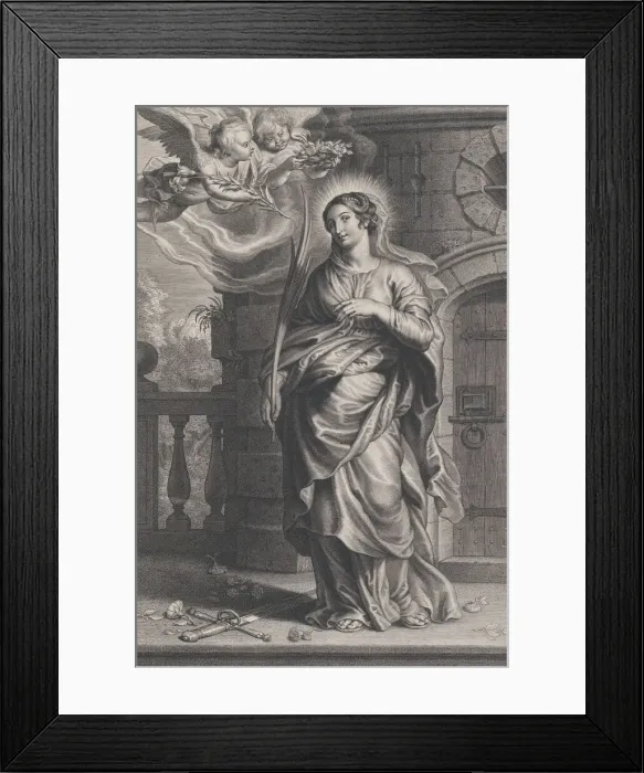 Framed Print : Saint Barbara holding palm leaves with a sword and flowers at her feet, two putti o Framed Print : Saint Barbara holding palm leaves with a sword and flowers at her feet, two putti o