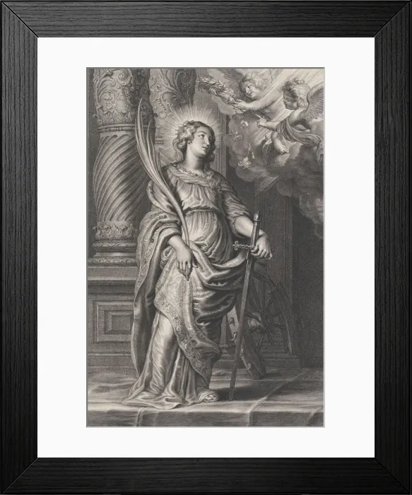 Framed Print : Saint Catherine holding palm leaves and a sword, two putti overhead holding a laure Framed Print : Saint Catherine holding palm leaves and a sword, two putti overhead holding a laure