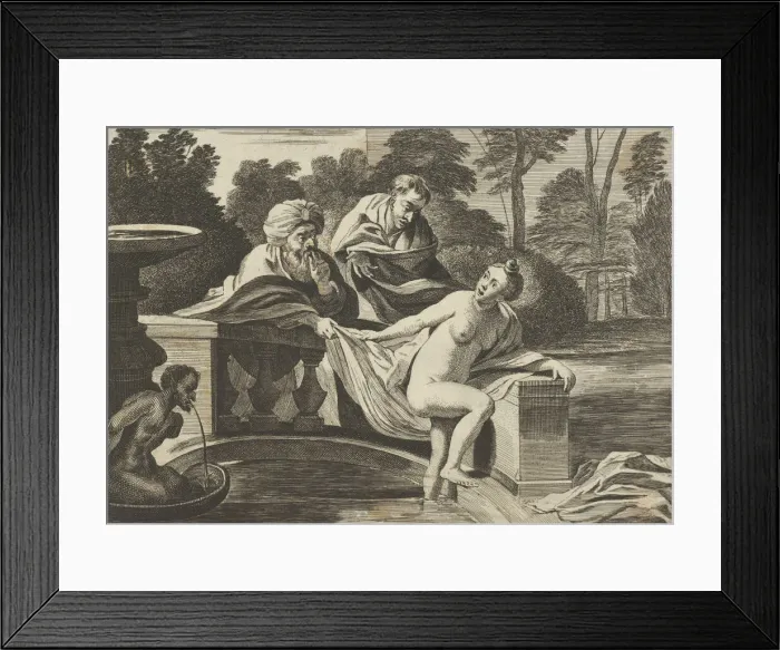 Framed Print : Susanna, partly naked and stepping out of a fountain with two elders at left, one o Framed Print : Susanna, partly naked and stepping out of a fountain with two elders at left, one o