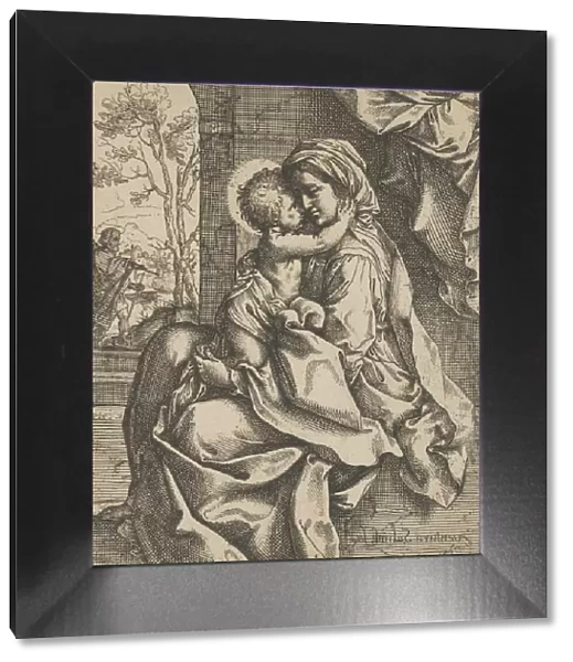 The Virgin seated with the Christ Child on her lap embracing her, Joseph seen thr... ca