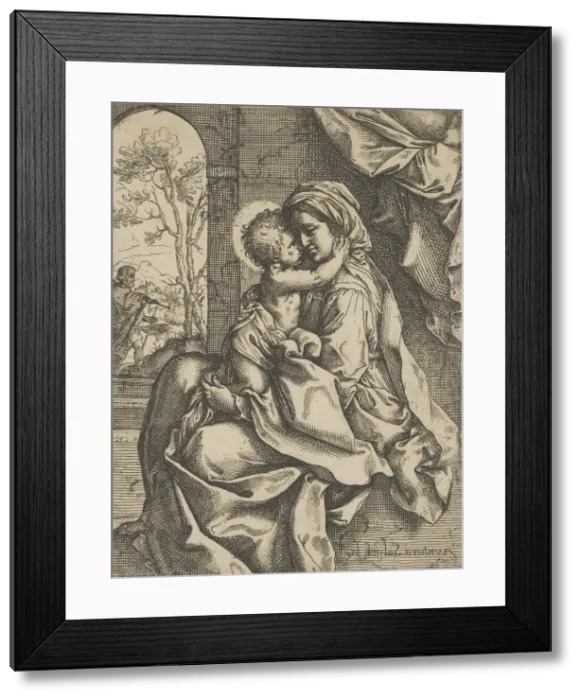 Framed Print : The Virgin seated with the Christ Child on her lap embracing her, Joseph seen thr... ca Framed Print : The Virgin seated with the Christ Child on her lap embracing her, Joseph seen thr... ca