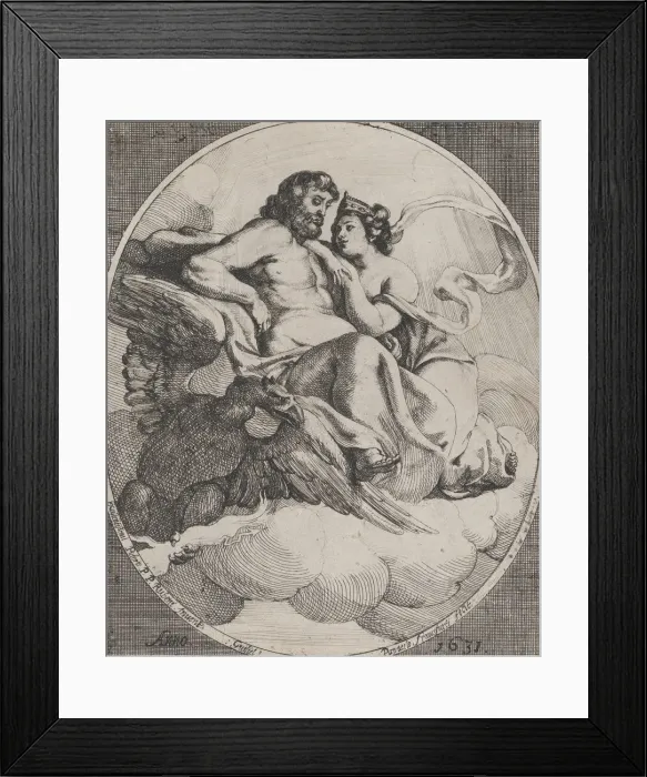 Framed Print : Jupiter and Juno seated on clouds, with an eagle holding thunderbolts below at left, 1631 Framed Print : Jupiter and Juno seated on clouds, with an eagle holding thunderbolts below at left, 1631