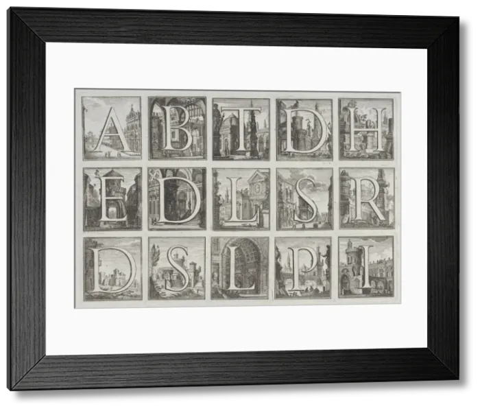 Framed Print : Roman alphabet against architectural backgrounds, from G. P Framed Print : Roman alphabet against architectural backgrounds, from G. P