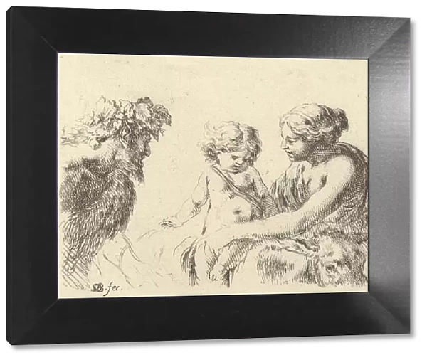 Plate 6: a woman at right holding her child who is sitting atop a donkey, a satyr at l