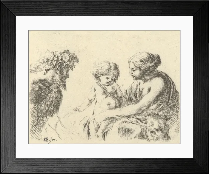 Framed Print : Plate 6: a woman at right holding her child who is sitting atop a donkey, a satyr at l Framed Print : Plate 6: a woman at right holding her child who is sitting atop a donkey, a satyr at l
