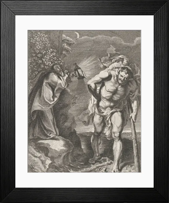 Framed Print : Saint Christopher carrying the Christ child across a stream, another man holding a Framed Print : Saint Christopher carrying the Christ child across a stream, another man holding a