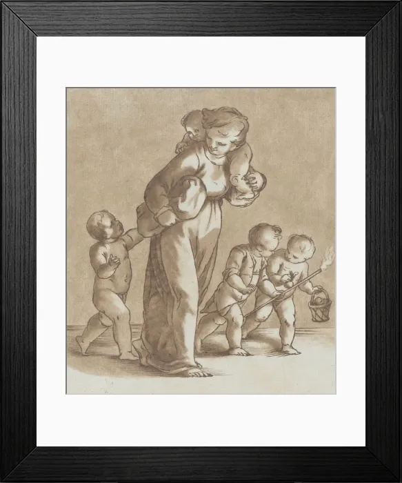 Framed Print : A young girl walks towards the left with one infant on her shoulder and holding anothe Framed Print : A young girl walks towards the left with one infant on her shoulder and holding anothe