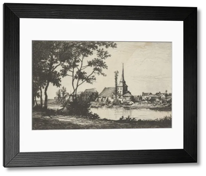 Framed Print : Town with a church across a river, 19th century. Creator: Tancrede Abraham Framed Print : Town with a church across a river, 19th century. Creator: Tancrede Abraham