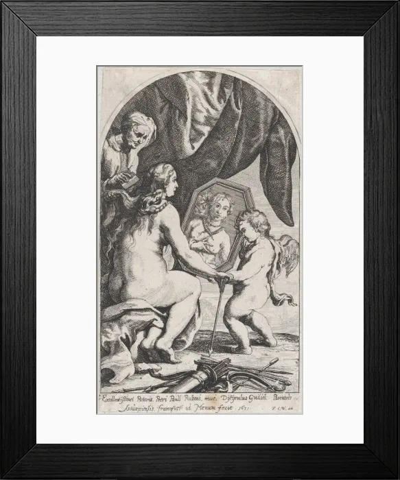Framed Print : Venus before a mirror held by Cupid while her hair is combed by an old woman, 1631 Framed Print : Venus before a mirror held by Cupid while her hair is combed by an old woman, 1631