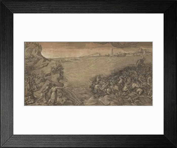 Framed Print : The crossing of the red sea, Moses stands at the left pointing to the army being Framed Print : The crossing of the red sea, Moses stands at the left pointing to the army being