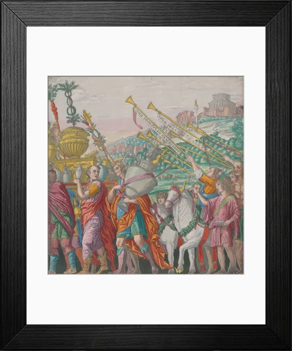 Framed Print : Sheet 4: Men carrying trophies at left, trumpeters at right Framed Print : Sheet 4: Men carrying trophies at left, trumpeters at right