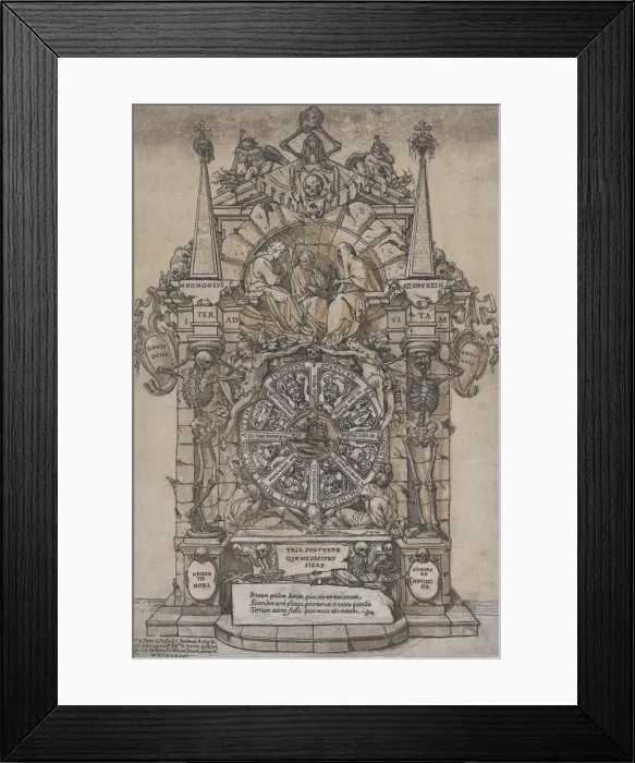 Framed Print : Triumph of Death with three fates in an architectural frame above a wheel of fortune Framed Print : Triumph of Death with three fates in an architectural frame above a wheel of fortune
