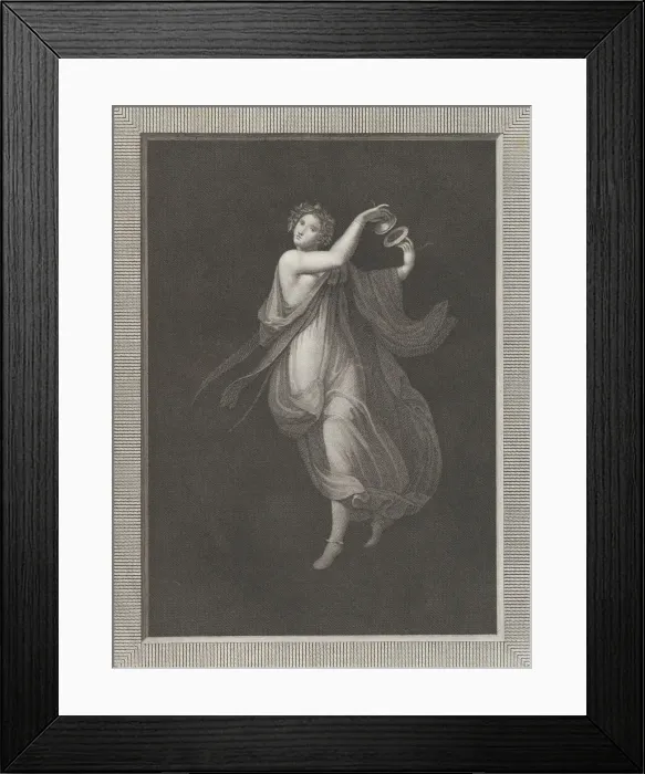 Framed Print : A bacchante, a garland on her head, and playing cymbals, set against a black backgrou Framed Print : A bacchante, a garland on her head, and playing cymbals, set against a black backgrou