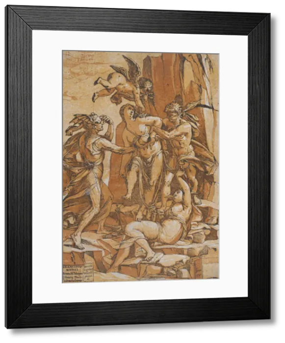 Framed Print : Virtue as a young woman in the centre of four figures representing love, error Framed Print : Virtue as a young woman in the centre of four figures representing love, error