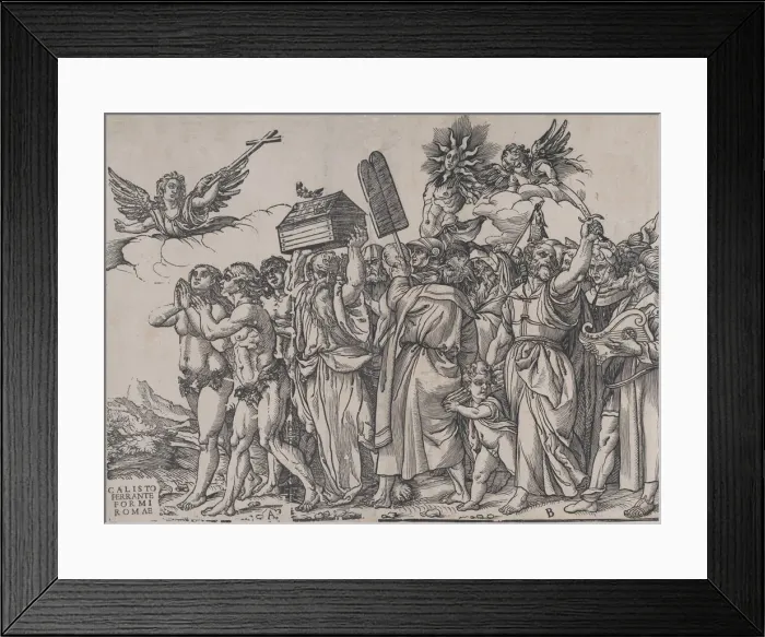 Framed Print : Section A: an angel holding a cross at upper left, Adam and Eve below Framed Print : Section A: an angel holding a cross at upper left, Adam and Eve below