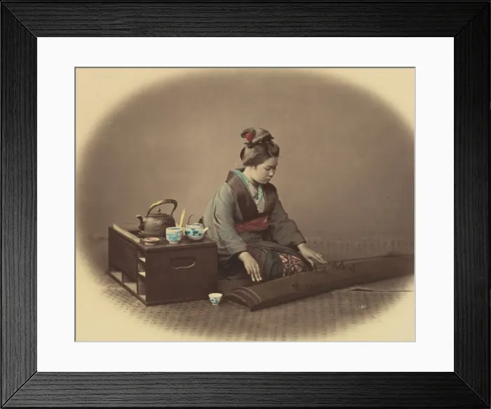 Framed Print : Woman with Tea Set Playing the Koto, ca. 1860. Creator: Felice Beato Framed Print : Woman with Tea Set Playing the Koto, ca. 1860. Creator: Felice Beato