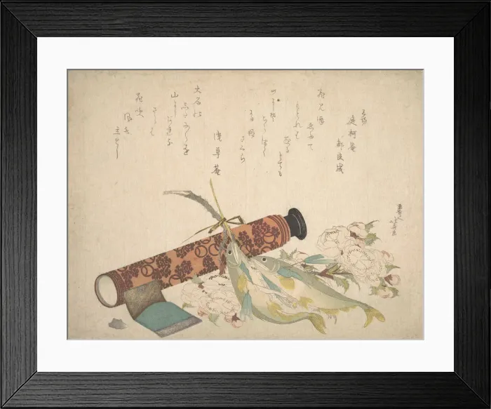 Framed Print : Still Life: Double Cherry-Blossom Branch, Telescope, Sweet Fish, and Tissue Case, c Framed Print : Still Life: Double Cherry-Blossom Branch, Telescope, Sweet Fish, and Tissue Case, c