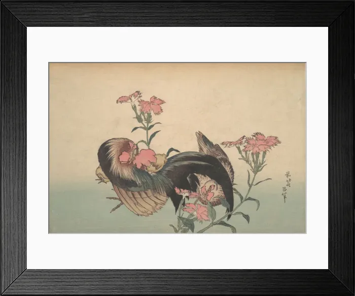 Framed Print : Cock, Hen, and Nadeshiko (Dianthus Superbus). Creator: Hokusai Framed Print : Cock, Hen, and Nadeshiko (Dianthus Superbus). Creator: Hokusai