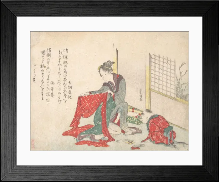 Framed Print : Woman Folding Cloth, late 18th-early 19th century. Creator: Hokusai Framed Print : Woman Folding Cloth, late 18th-early 19th century. Creator: Hokusai