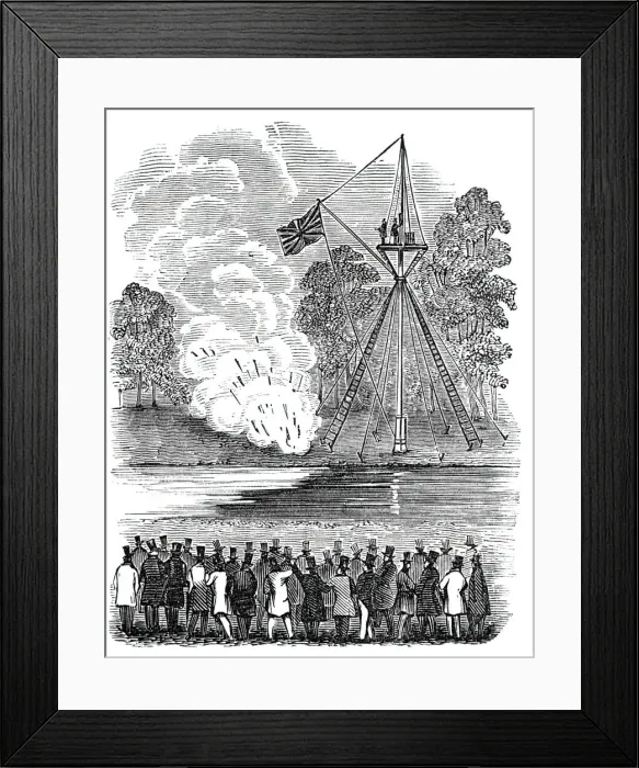 Framed Print : Novel experiments in warfare - shower of hand-rockets, 1844. Creator: Unknown Framed Print : Novel experiments in warfare - shower of hand-rockets, 1844. Creator: Unknown