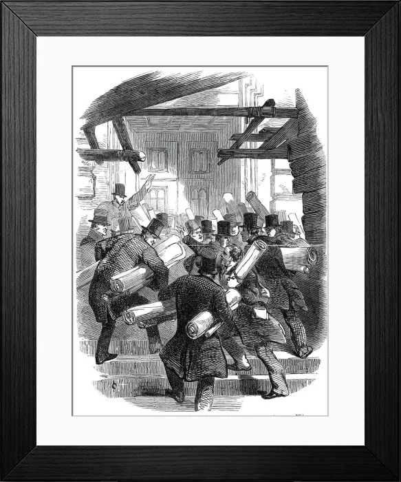 Framed Print : Deposits of railway plans with the Board of Trade - the rush at the door, 1845 Framed Print : Deposits of railway plans with the Board of Trade - the rush at the door, 1845
