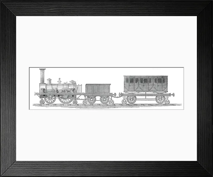 Framed Print : Engine, tender, and carriage - side view, 1845. Creator: Unknown Framed Print : Engine, tender, and carriage - side view, 1845. Creator: Unknown