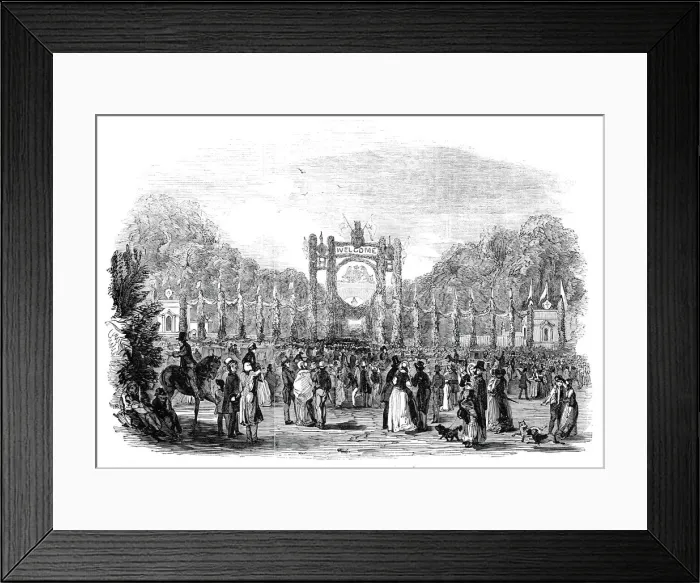 Framed Print : Grand festivities at Harewood House: triumphal arch - procession of tenantry etc, 1845 Framed Print : Grand festivities at Harewood House: triumphal arch - procession of tenantry etc, 1845