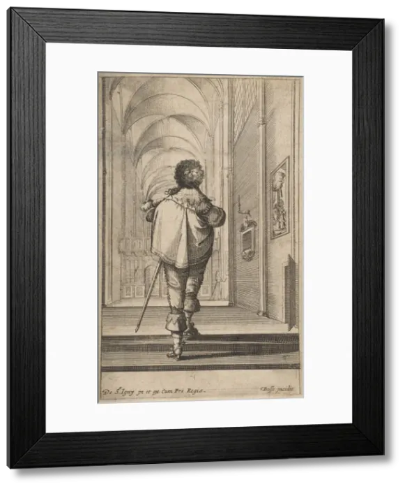 Framed Print : A gentleman seen from behind walking into a church, ca. 1629. Creator: Abraham Bosse Framed Print : A gentleman seen from behind walking into a church, ca. 1629. Creator: Abraham Bosse