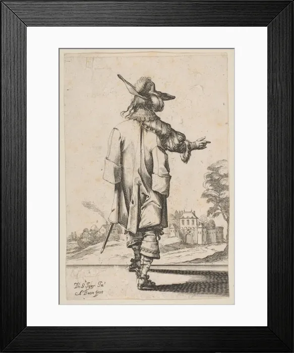 Framed Print : Gentleman Seen from the Back Pointing towards a Chateau, 1629. Creator: Abraham Bosse Framed Print : Gentleman Seen from the Back Pointing towards a Chateau, 1629. Creator: Abraham Bosse