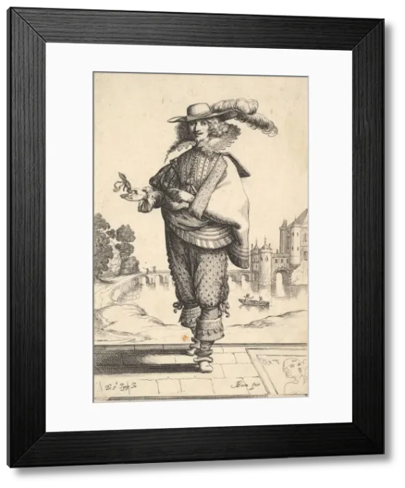 Framed Print : A gentleman standing in front of a large castle and wearing a plumed hat Framed Print : A gentleman standing in front of a large castle and wearing a plumed hat
