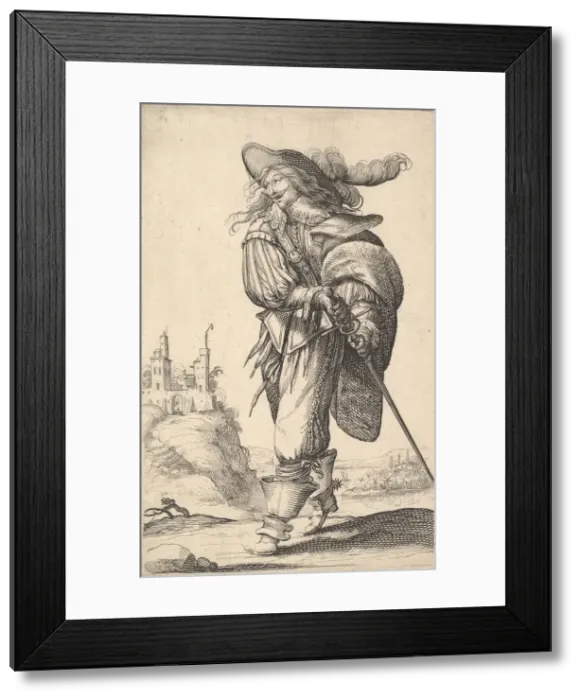 Framed Print : A gentleman, walking towards the left and drawing his sword from the sheath Framed Print : A gentleman, walking towards the left and drawing his sword from the sheath