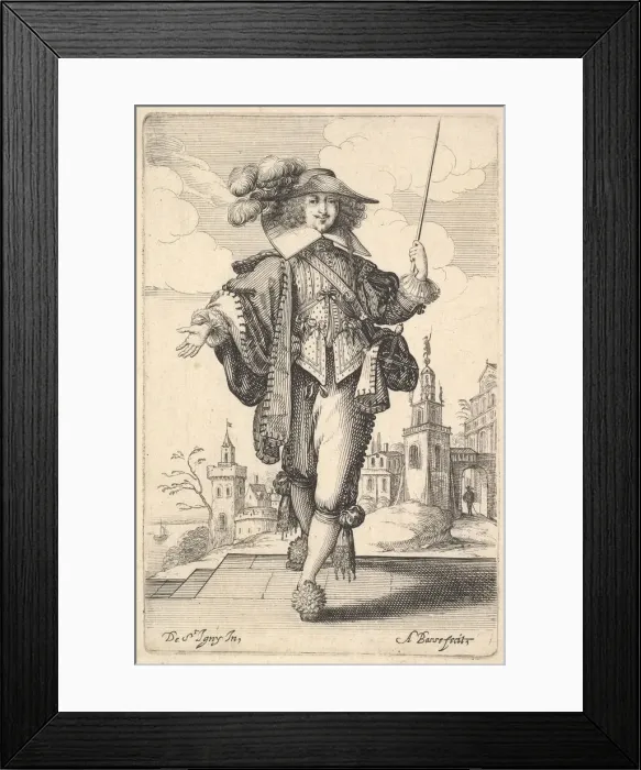 Framed Print : A gentleman walking forward, with his right arm outstretched and a whip in his left hand Framed Print : A gentleman walking forward, with his right arm outstretched and a whip in his left hand