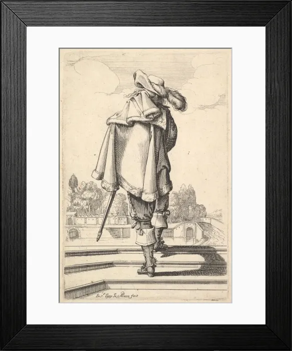Framed Print : A gentleman, seen from behind, walking up a parapet, with a cloak over his left shoulder Framed Print : A gentleman, seen from behind, walking up a parapet, with a cloak over his left shoulder