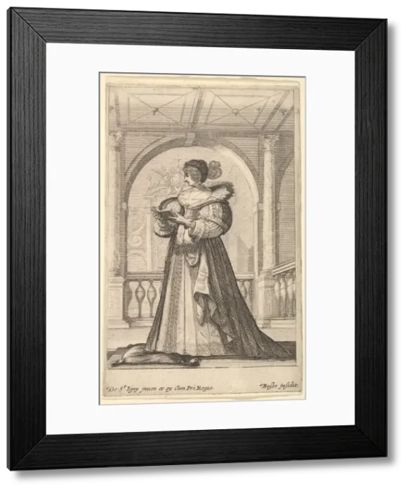 Framed Print : A woman standing, facing the left in profile, wearing a hat and a lace collar, reading Framed Print : A woman standing, facing the left in profile, wearing a hat and a lace collar, reading
