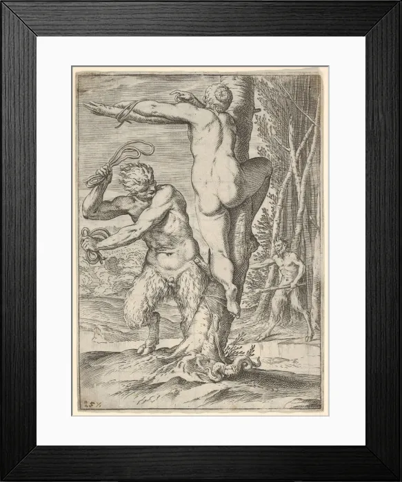 Framed Print : Satyr whipping a nymph, who is shown from behind and bound to a tree, a second saty Framed Print : Satyr whipping a nymph, who is shown from behind and bound to a tree, a second saty