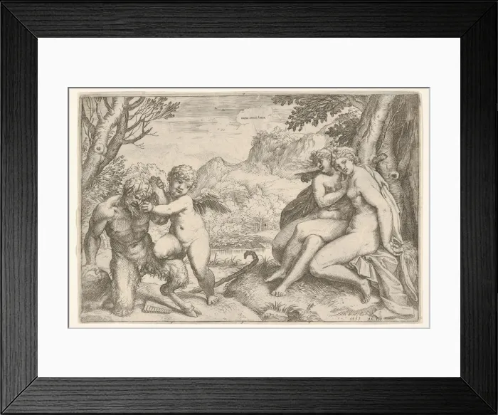 Framed Print : Love Conquers All (Omnia vincit Amor), in a struggle with a satyr Amor places his right Framed Print : Love Conquers All (Omnia vincit Amor), in a struggle with a satyr Amor places his right