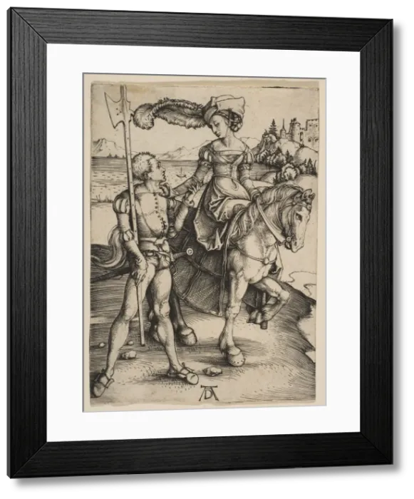 Framed Print : The Lady on Horseback and the Lansquenet, ca. 1497. Creator: Albrecht Durer