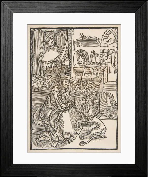 Framed Print : Saint Jerome Extracting a Thorn from the Lions Foot, Lyons 1508 (copy). n. d