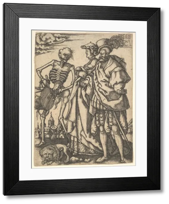 Framed Print : Couple and Death with a Drum, from The Dance of Death. Creator: Allaert Claesz Framed Print : Couple and Death with a Drum, from The Dance of Death. Creator: Allaert Claesz
