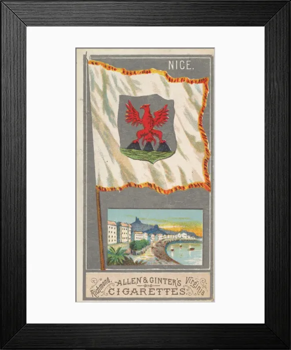 Framed Print : Nice, from the City Flags series (N6) for Allen & Ginter Cigarettes Brands, 1887 Framed Print : Nice, from the City Flags series (N6) for Allen & Ginter Cigarettes Brands, 1887