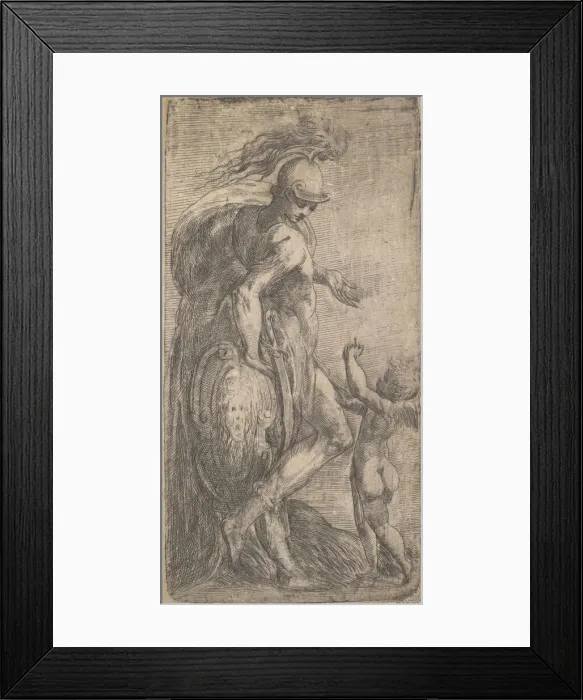 Framed Print : Mars standing at the left leaning on a shield, Cupid at the right, ca. 1542-46 Framed Print : Mars standing at the left leaning on a shield, Cupid at the right, ca. 1542-46