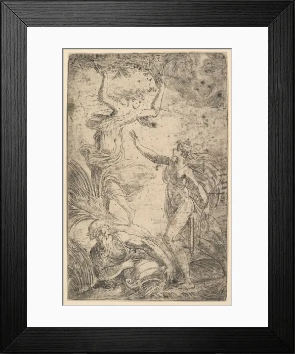 Framed Print : Apollo at right holding a bow chasing Daphne at the left, ca. 1538-40 Framed Print : Apollo at right holding a bow chasing Daphne at the left, ca. 1538-40