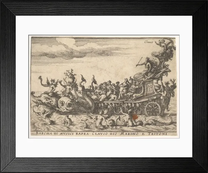 Framed Print : Plate 16: Ship of musicians with the sea god Claucus and tritons Framed Print : Plate 16: Ship of musicians with the sea god Claucus and tritons