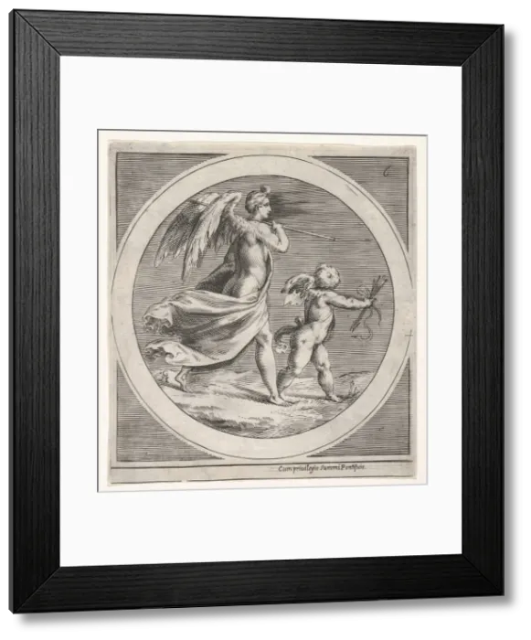 Framed Print : Winged female figure, draped and carrying a staff, striding behind a winged putto... ca Framed Print : Winged female figure, draped and carrying a staff, striding behind a winged putto... ca