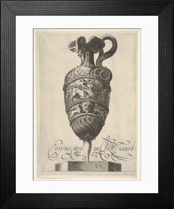 Framed Print : Vessel with grotesque masks, griffins, and a frieze populated by a bull and men in Framed Print : Vessel with grotesque masks, griffins, and a frieze populated by a bull and men in
