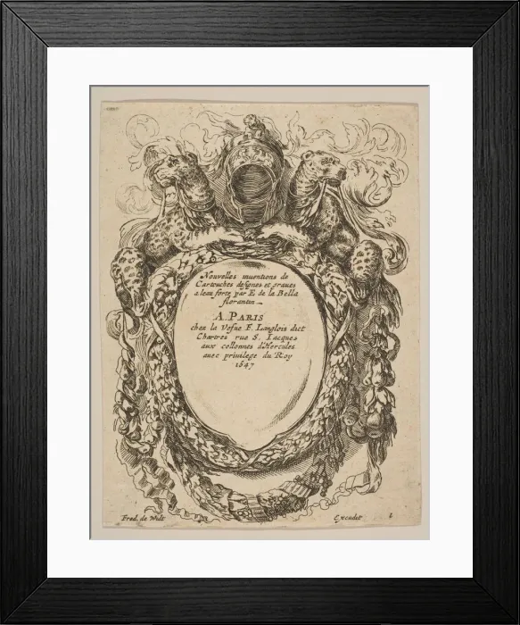 Framed Print : Cartouche with Title: Nouvelles inventions de Cartouches, 17th century. Creator: Unknown Framed Print : Cartouche with Title: Nouvelles inventions de Cartouches, 17th century. Creator: Unknown