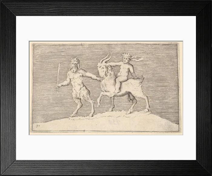 Framed Print : Satyr Leading Goat on which a Infant Rides, published ca. 1599-1622. Creator: Unknown Framed Print : Satyr Leading Goat on which a Infant Rides, published ca. 1599-1622. Creator: Unknown