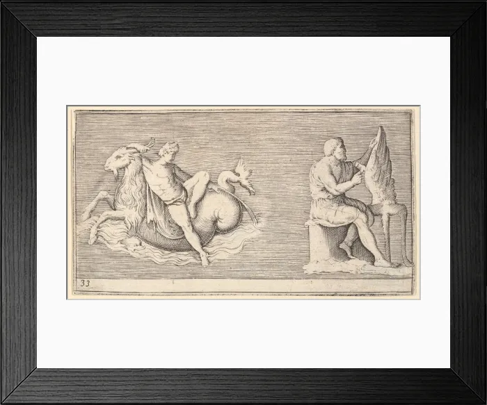 Framed Print : Figure on Seagoat; Man Carving Wing, published ca. 1599-1622. Creator: Unknown Framed Print : Figure on Seagoat; Man Carving Wing, published ca. 1599-1622. Creator: Unknown